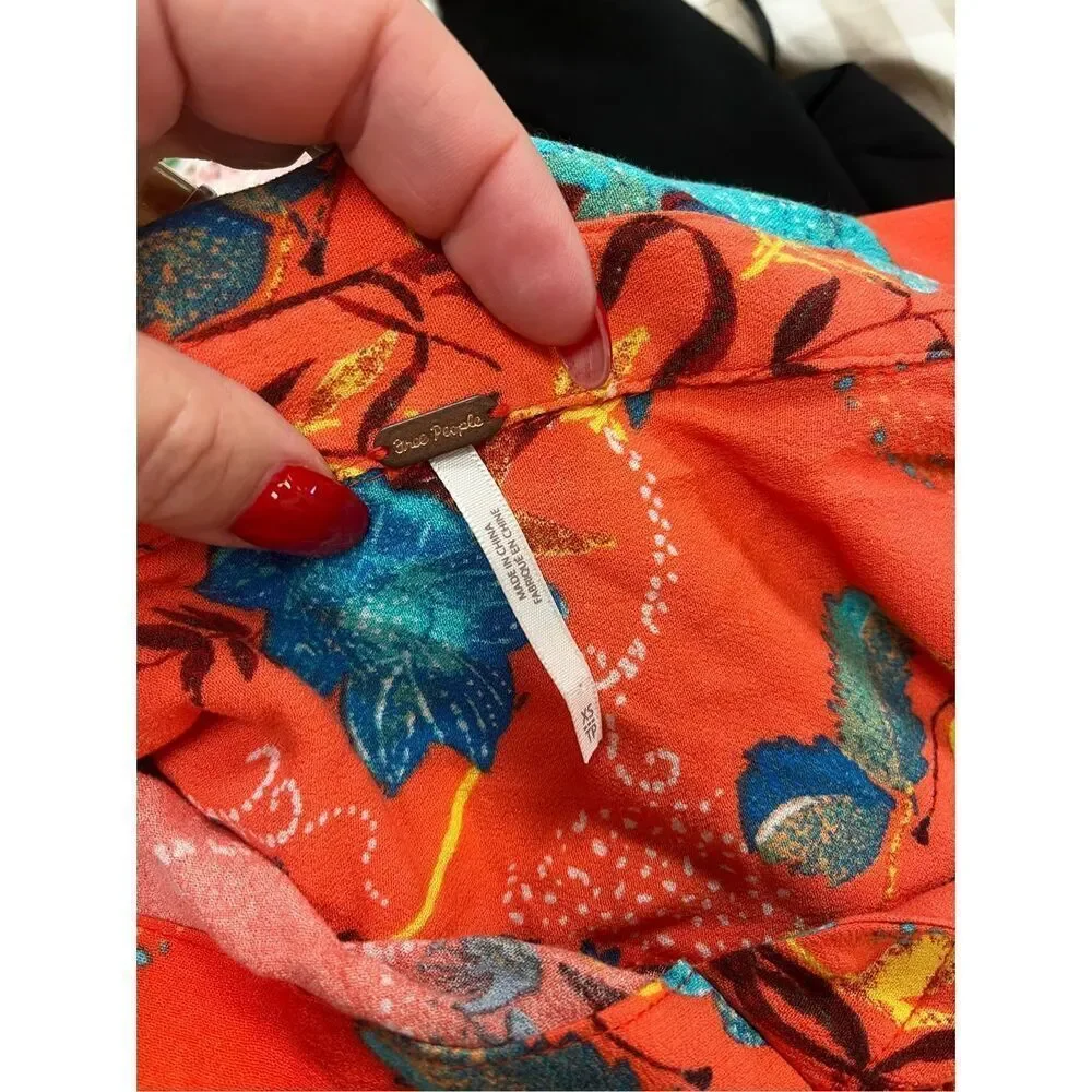 Free People Take Me Away Orange Hi-Lo long Sleeve Mini Boho Dress sz XS EUC